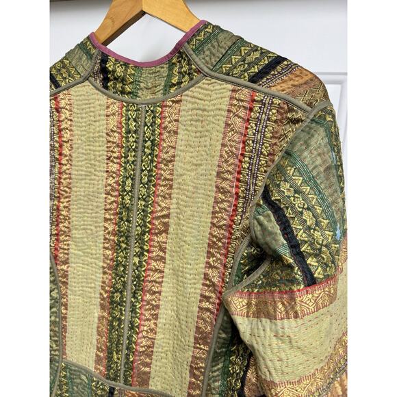 Silk Sari and Kantha Jacket High Low Hem Reversible Global Boho Patchwork Large - Picture 5 of 9
